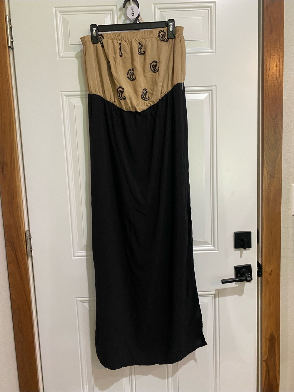 Black Strapless Maxi Dress with Tan Patterned Bodice